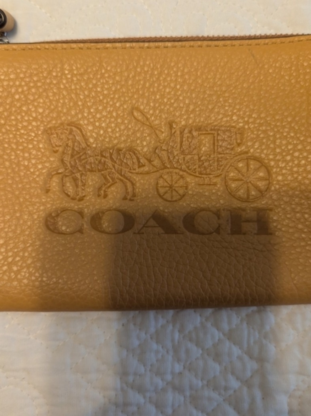 COACH Embossed Pebbled Leather Wristlet in Camel